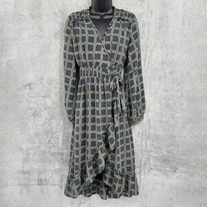 dRA Los Angeles Cicero Wrap Dress S Blue Brown Ruffled Lined Long Sleeve Retro
